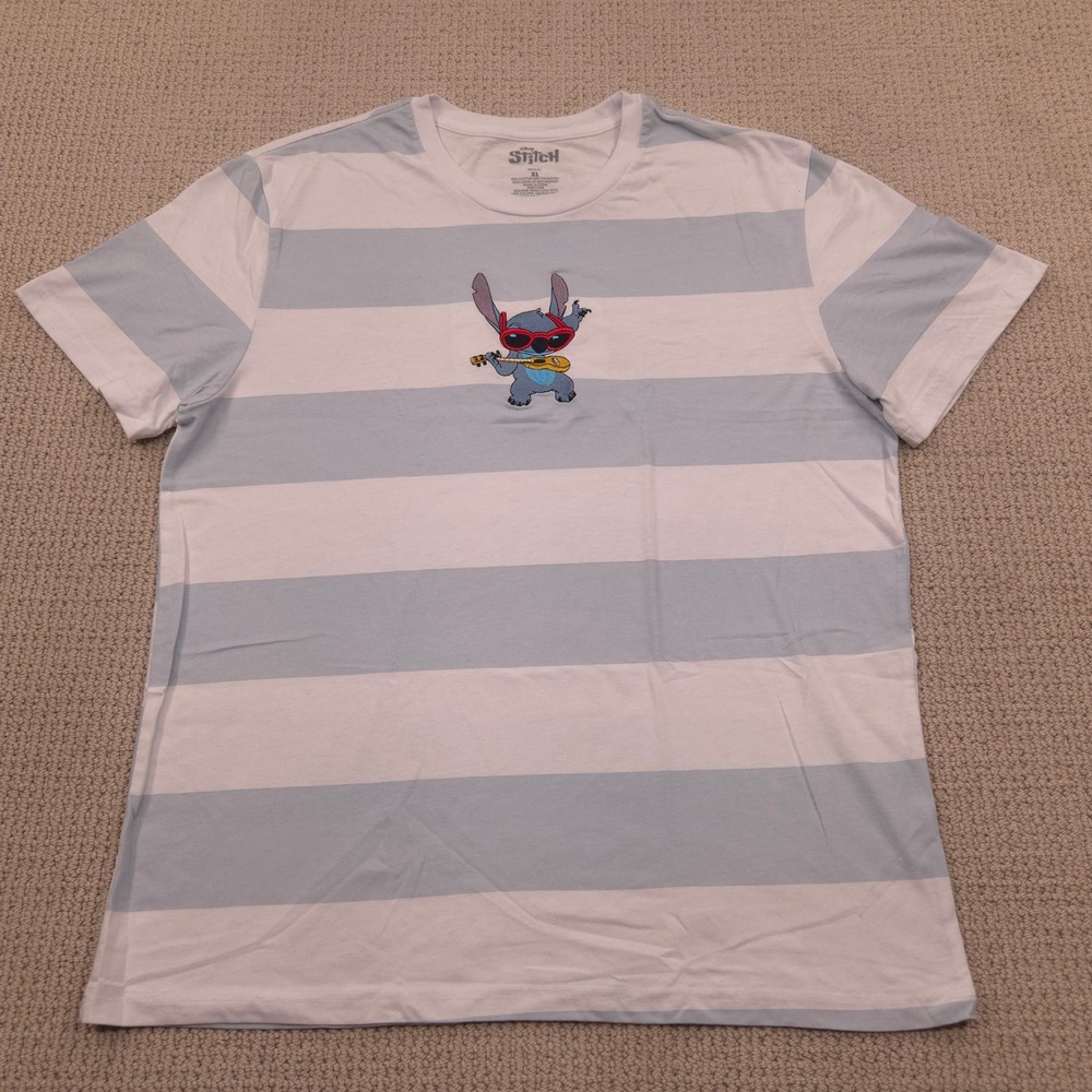 Disney Stitch Ukulele Embroidered‎ Graphic T-Shirt Striped Blue White Womens XL - Picture 2 of 7